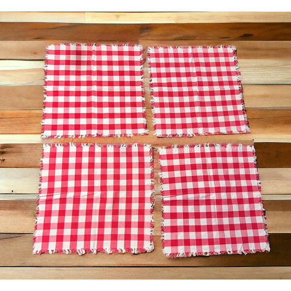 Red Gingham Napkins Set of 4 Tassel Edge Picnic Farmhouse Camping Cotton 16x16 - Picture 1 of 8